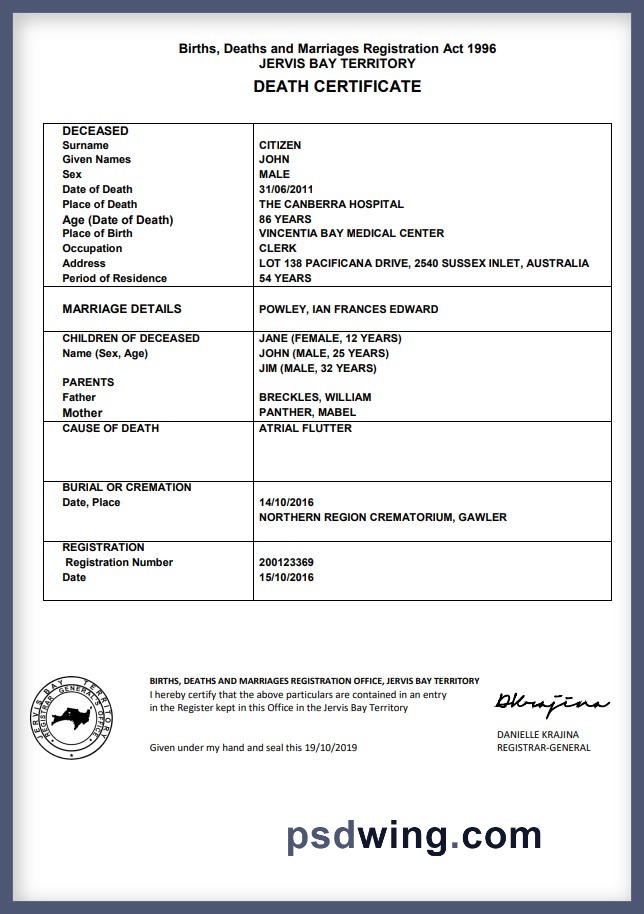 Australia Jervis Bay Territory Death Certificate (Word)